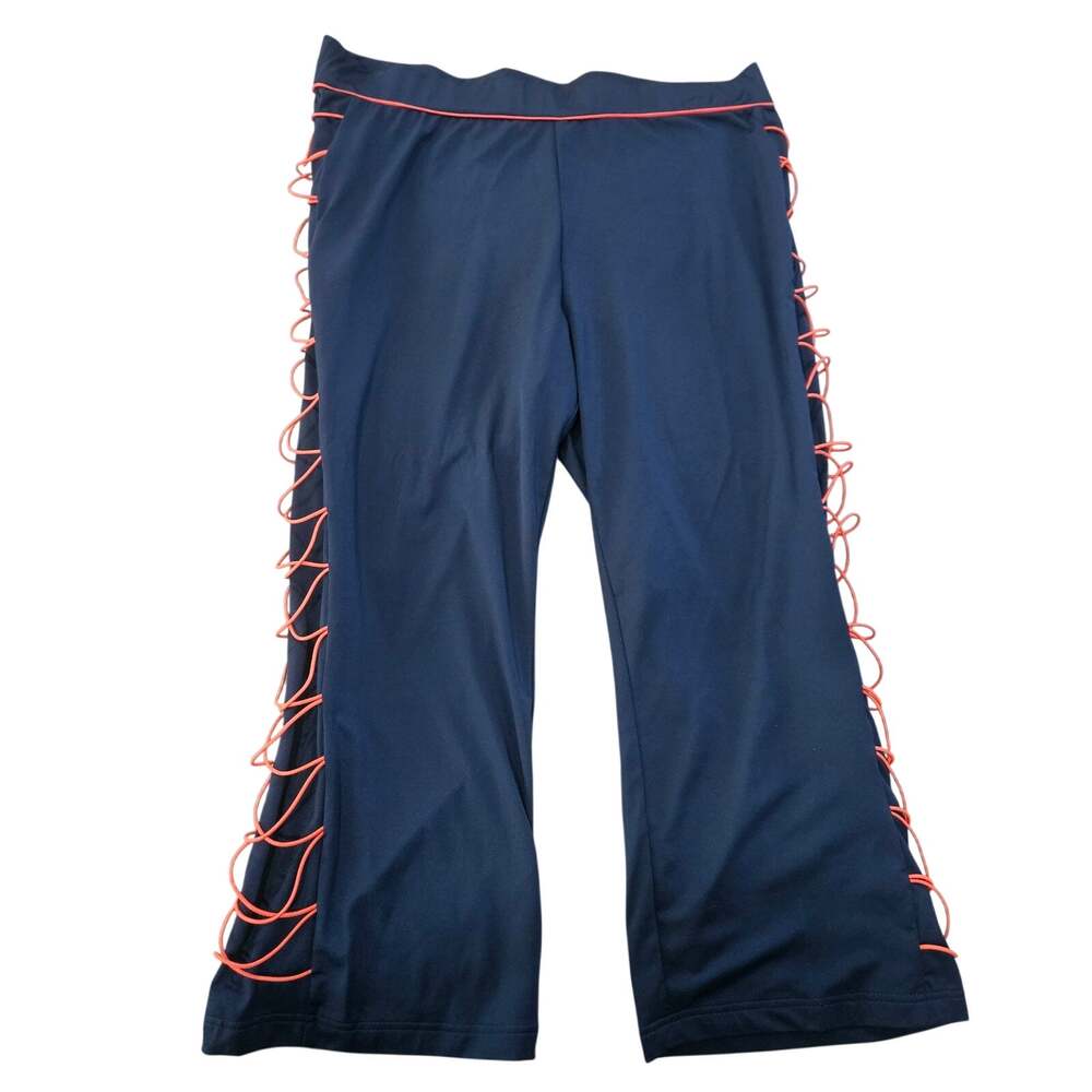 ASHRO Womens XL Navy Blue Capri Pants Coral Lace Up Sides Cropped Activewear